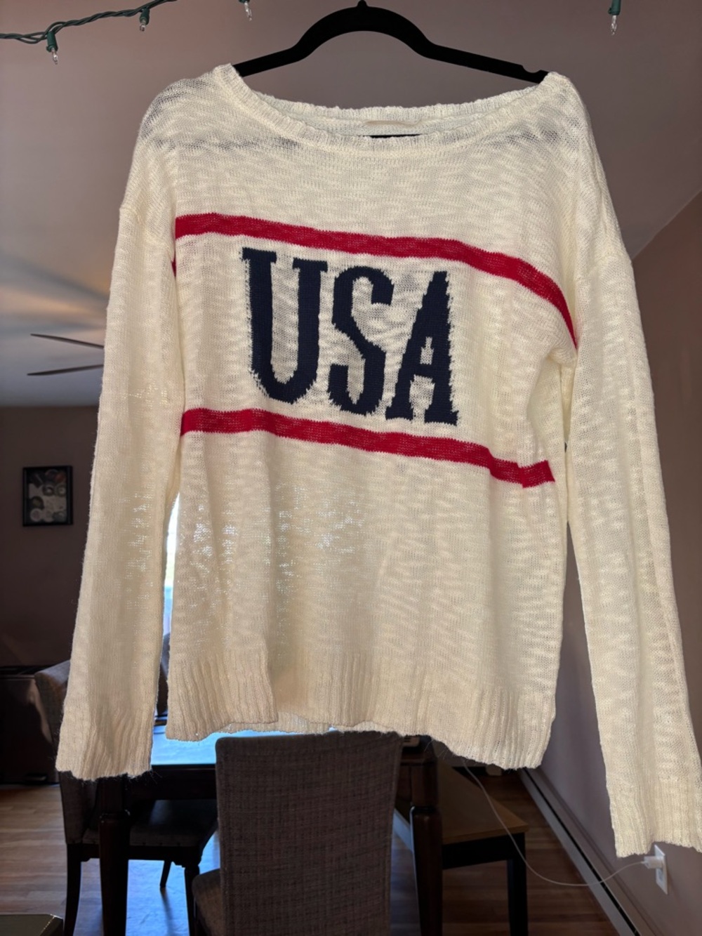 Cream Crewneck Sweater with Navy USA Lettering and Red Stripes